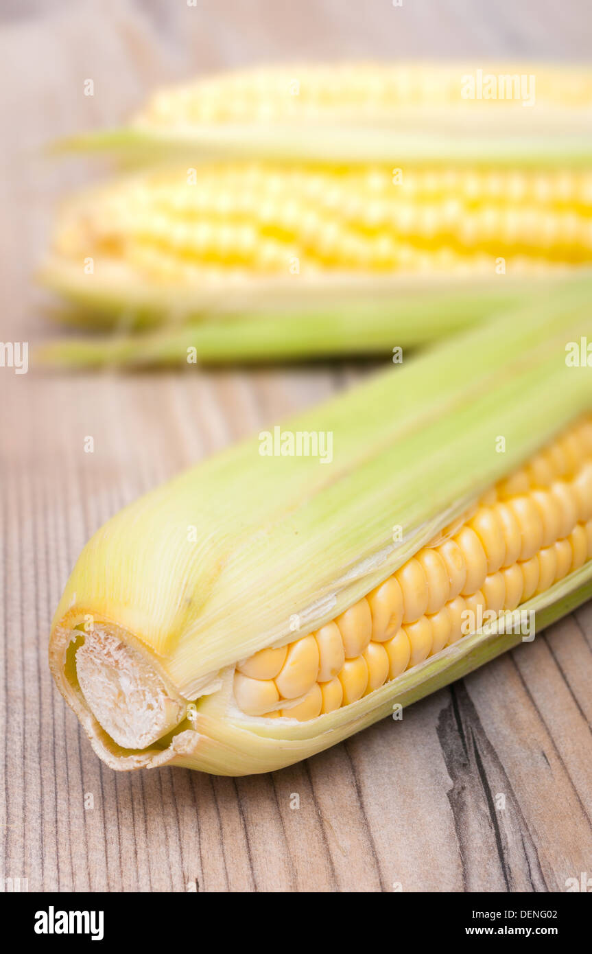 Closeup of Corn Cobs on Aged Wooden Table - Shallow Depth of Field Stock Photo