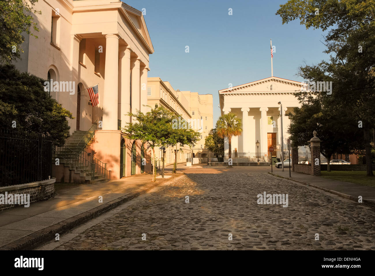 Fireproof Building and Hibernian Hall along Chalmers Street in Charleston, SC. Stock Photo