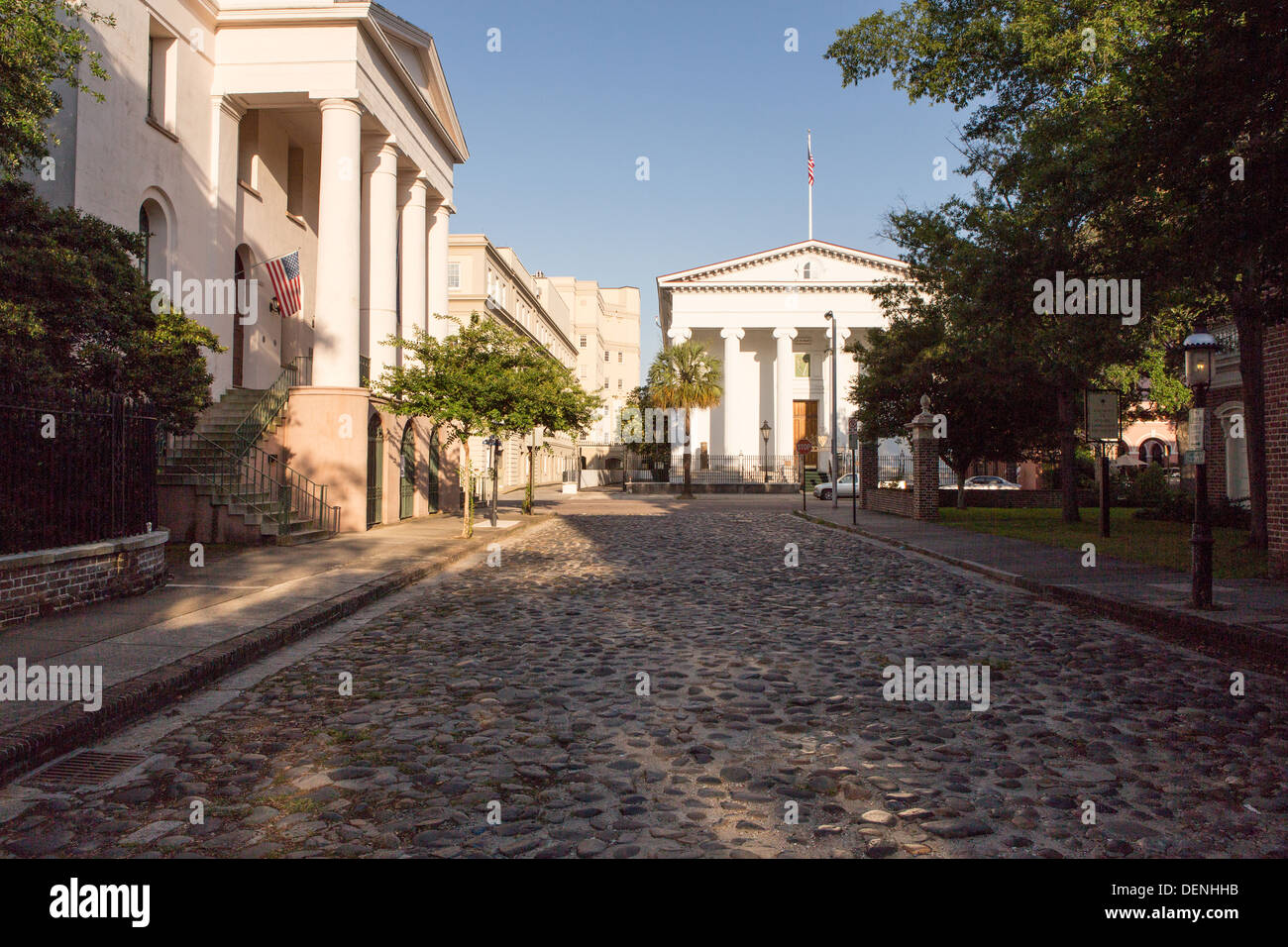 Fireproof Building and Hibernian Hall along Chalmers Street in Charleston, SC. Stock Photo