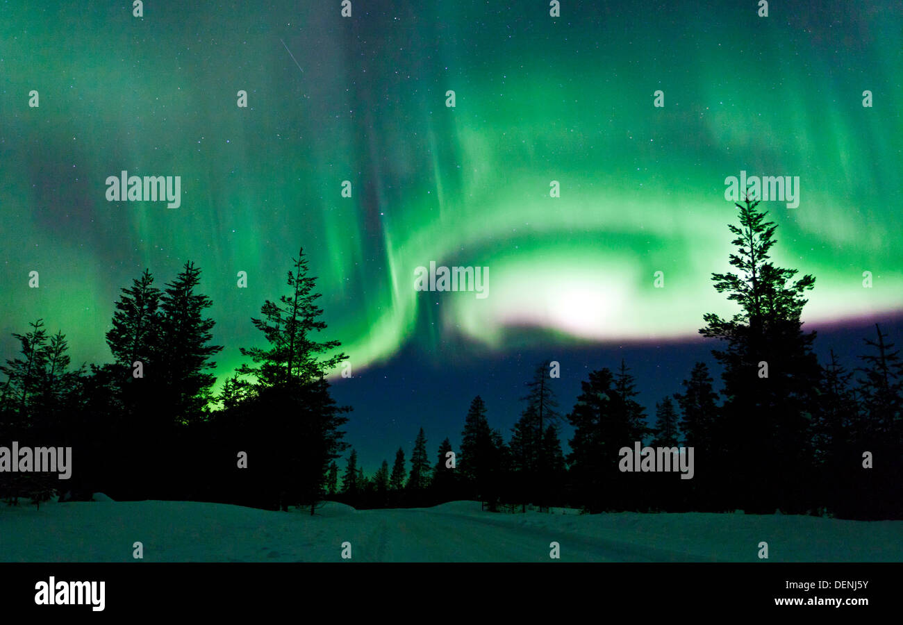 Northern lights or Aurora Borealis in northern Finland. Stock Photo
