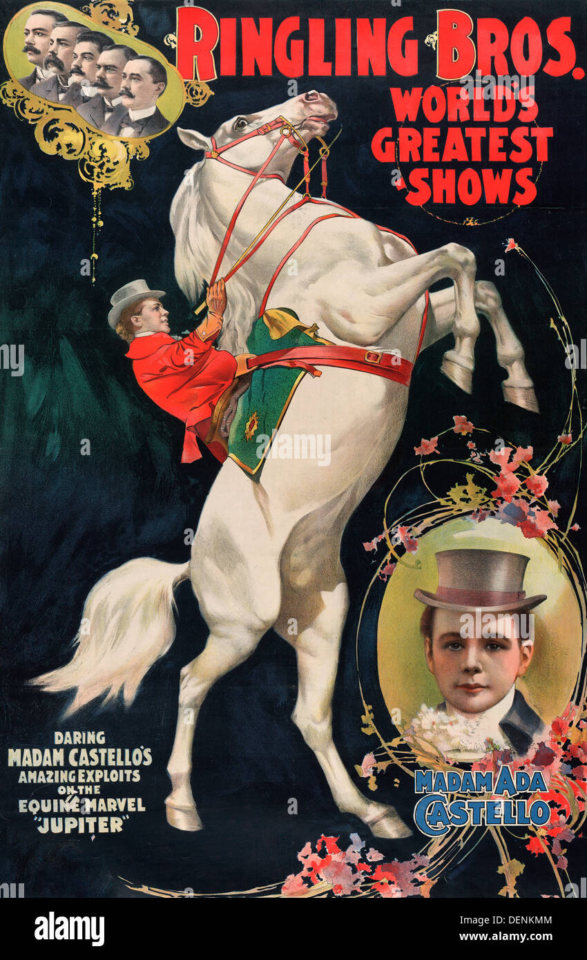 Ringling Bros. World's Greatest Shows - Madam Ada Costello - Circus poster showing Ada Castello on a rearing horse, and a small portrait of her. 1899 Stock Photo