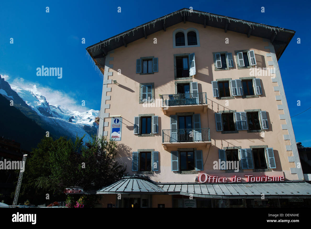 Tourist information centre (Office de Tourism) in Chamonix, with Mont Blanc Massif in the background, French Alps Stock Photo