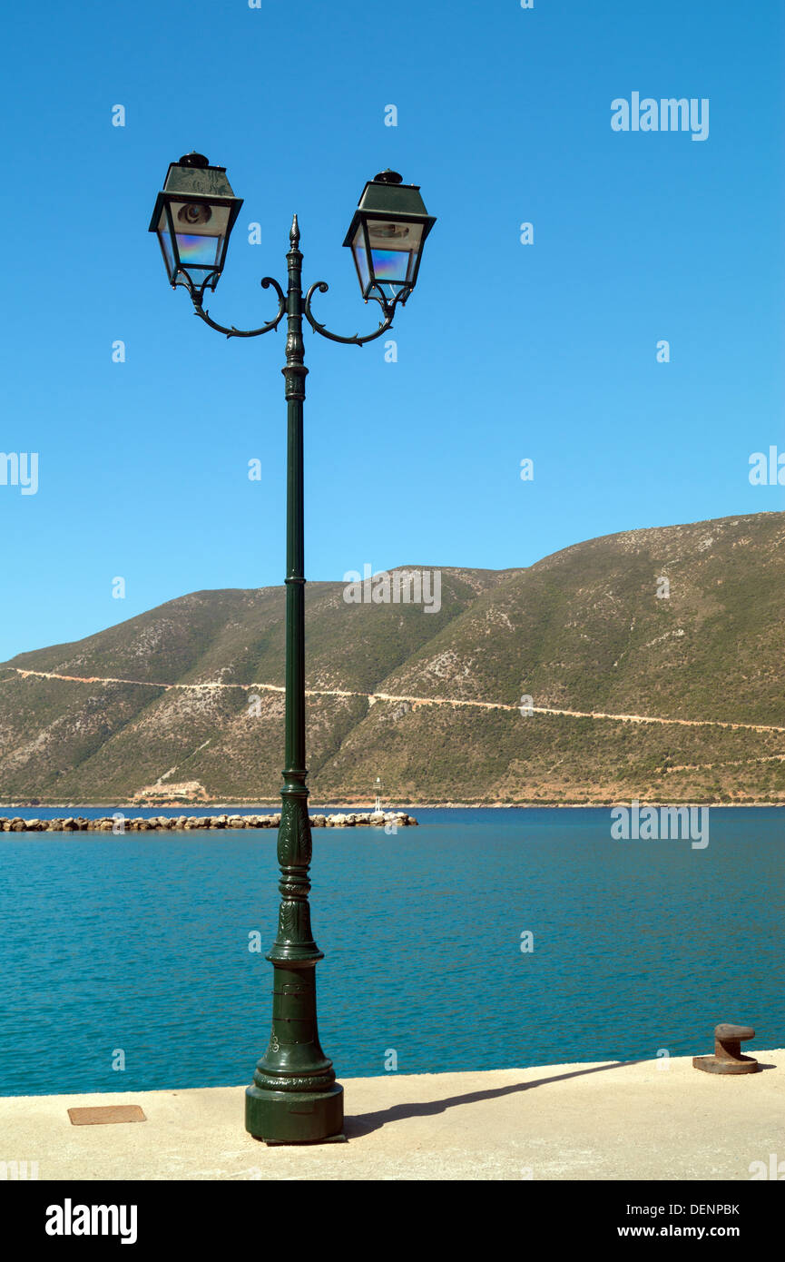 Old street lamppost at port on Lefkada island, Greece Stock Photo