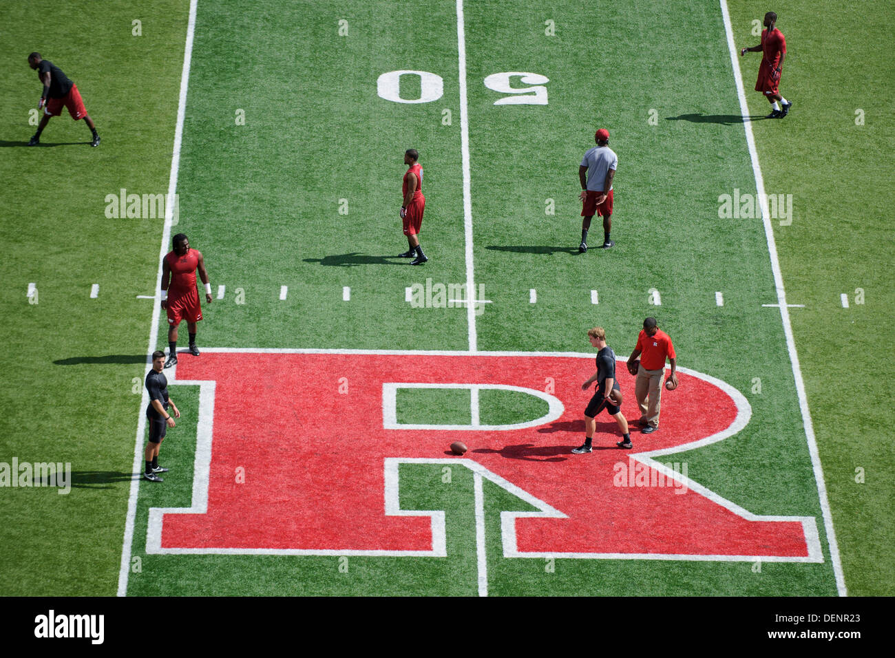 Piscataway, New Jersey, USA. 21st Sep, 2013. September 21, 2013: Members of the Rutgers Scarlet Knights warm up prior to the game between Arkansas Razorbacks and Rutgers Scarlet Knights at Highpoint Solutions Stadium in Piscataway, NJ. © csm/Alamy Live News Stock Photo