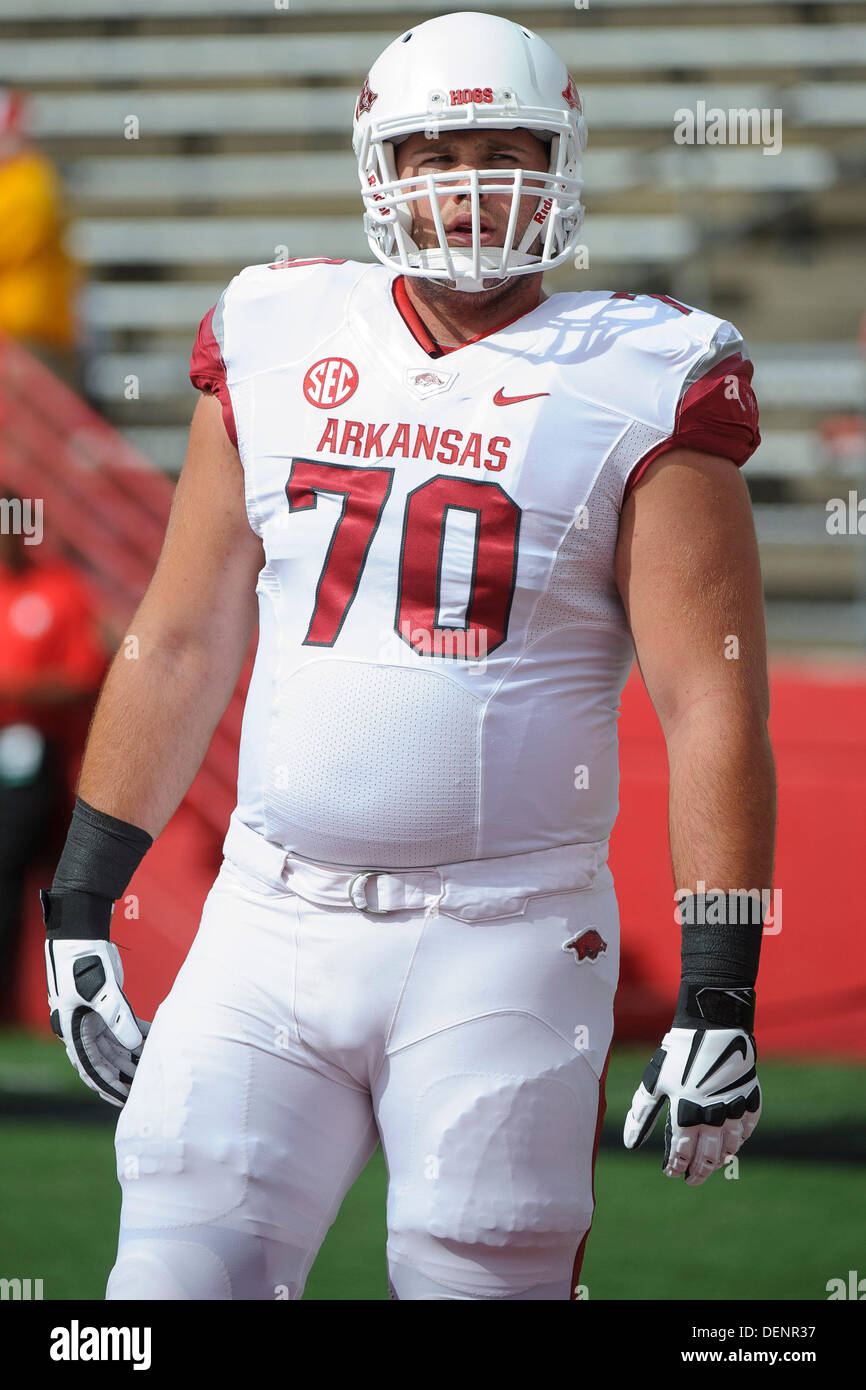Piscataway, New Jersey, USA. 21st Sep, 2013. September 21, 2013: Arkansas Razorbacks offensive tackle Chris Stringer (70) looks on prior to the game between Arkansas Razorbacks and Rutgers Scarlet Knights at Highpoint Solutions Stadium in Piscataway, NJ. Rutgers Scarlet Knights defeated The Arkansas Razorbacks 28-24. © csm/Alamy Live News Stock Photo