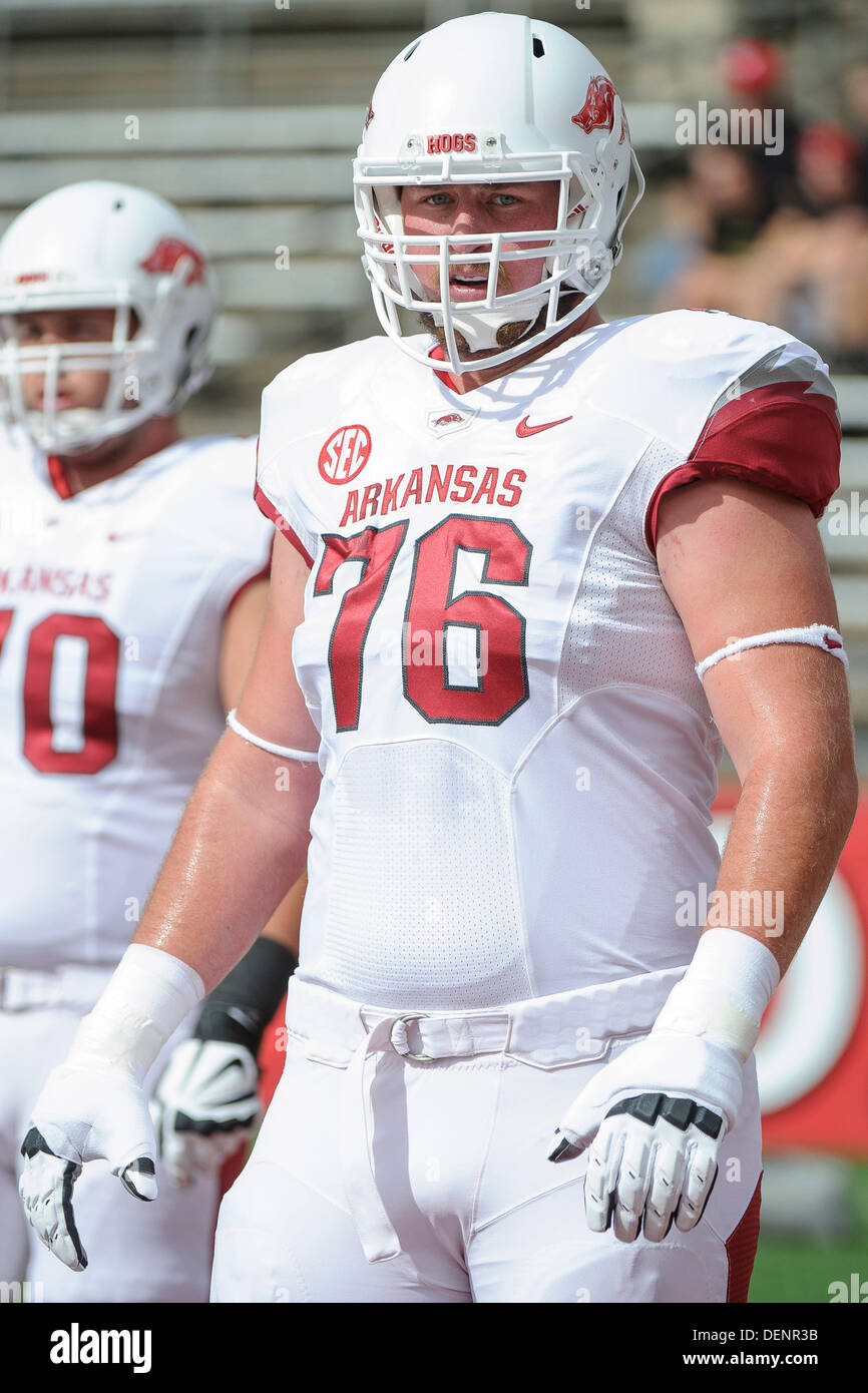 Piscataway, New Jersey, USA. 21st Sep, 2013. September 21, 2013: Arkansas Razorbacks offensive tackle Dan Skipper (76) looks on prior to the game between Arkansas Razorbacks and Rutgers Scarlet Knights at Highpoint Solutions Stadium in Piscataway, NJ. Rutgers Scarlet Knights defeated The Arkansas Razorbacks 28-24. © csm/Alamy Live News Stock Photo