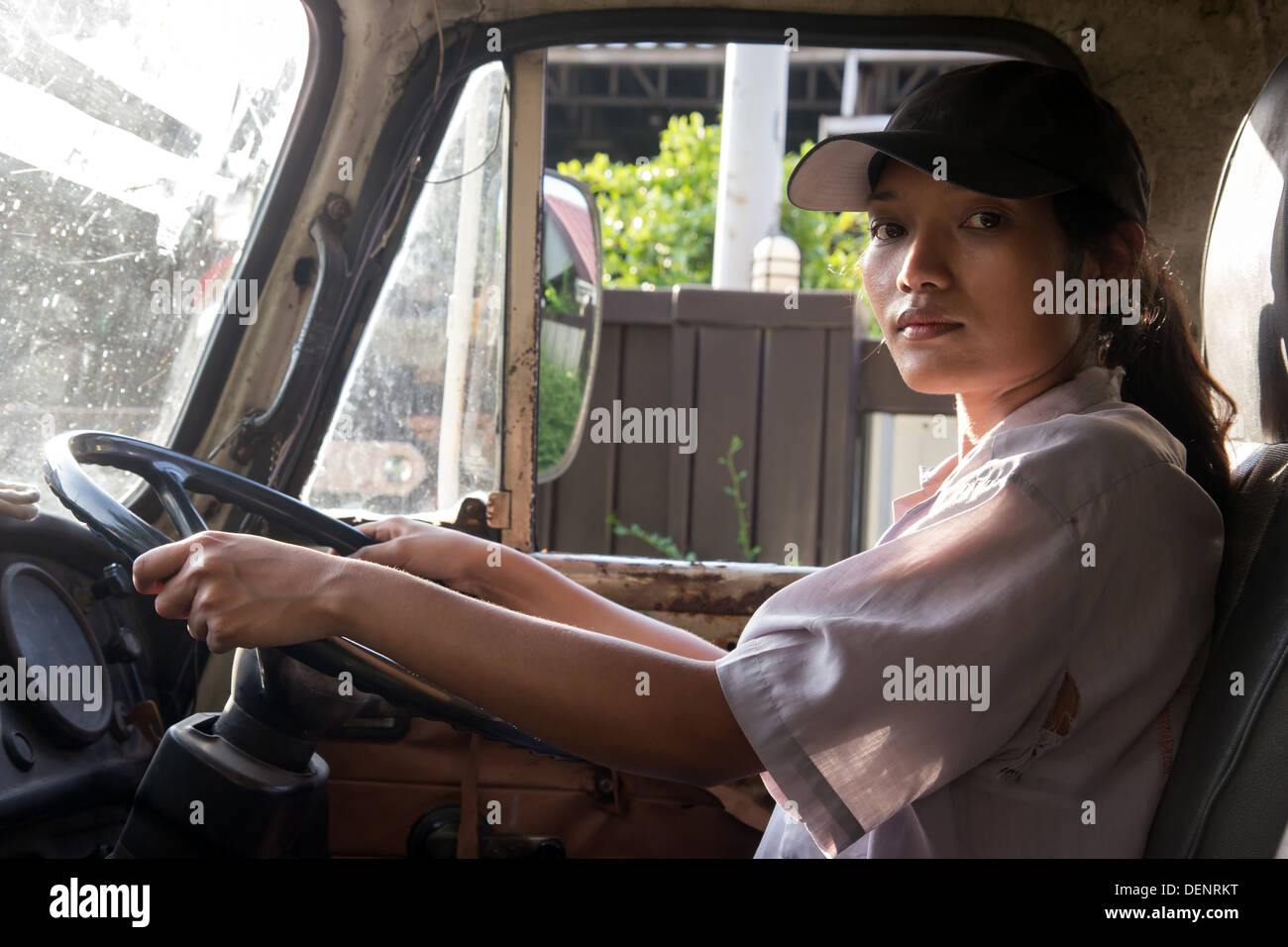 woman truck driver in the car Stock Photo