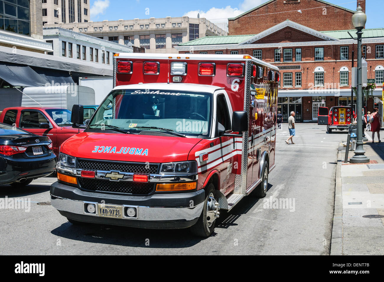 Ambulance responding to an emergency call, Market Street, Roanoke, Virginia Stock Photo