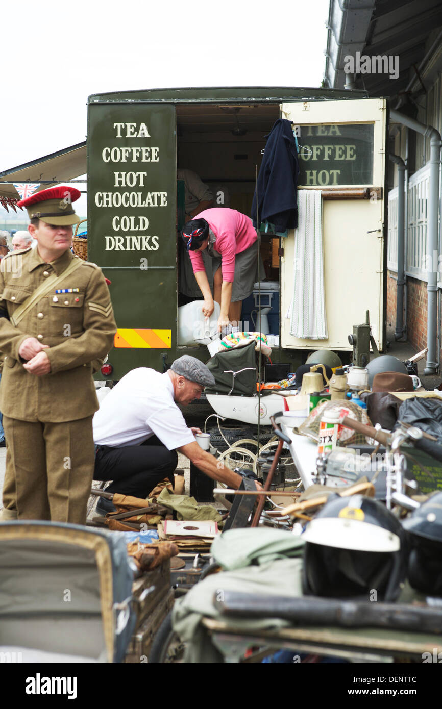 Chatham, UK. 21st Sep, 2013. Salute to the 40's - Britain's 1940's Home Front Event at The Historic Dockyard Chatham. 1940's market stall with NAAFI mobile van in the background. Credit:  Tony Farrugia/Alamy Live News Stock Photo