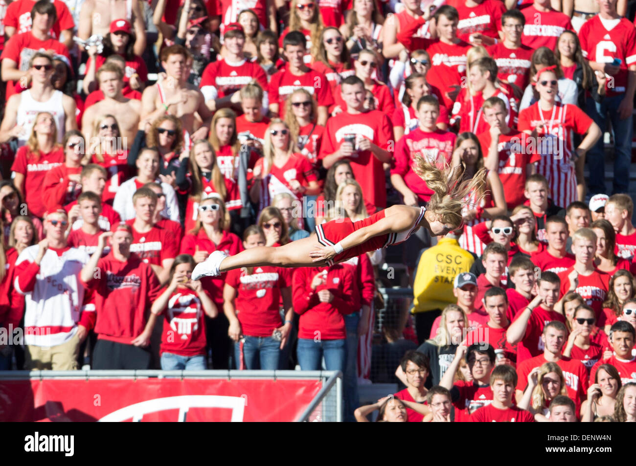 Madison, Wisconsin, USA. 21st Sep, 2013. September 21, 2013: A Wisconsin Badgers cheerleader is flipped into the air after a Wisconsin touchdown during the NCAA Football game between the Purdue Boilermakers and the Wisconsin Badgers at Camp Randall Stadium in Madison, WI. Wisconsin defeated Purdue 41-10 in the Big Ten opener for both teams. John Fisher/CSM/Alamy Live News Stock Photo