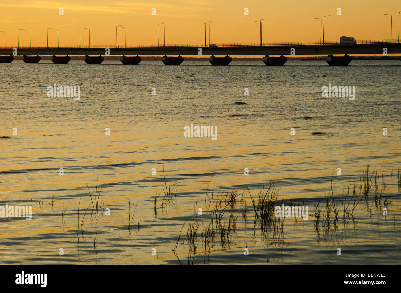Detail of the olandbridge in twilight. The bridge is connecting mainland Sweden with the island Oland in the Baltic sea. Stock Photo