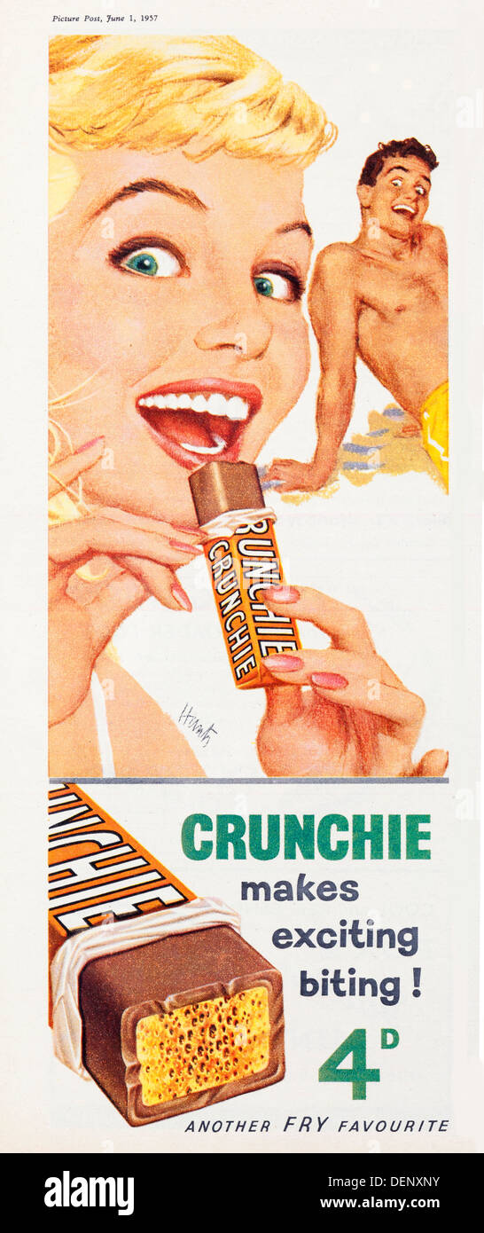 1957 advert for Frys (now Cadbury) Crunchie Bars Stock Photo