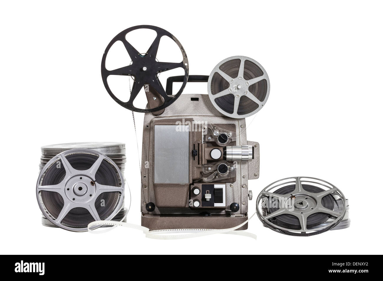Vintage film with old projector isolated with clipping path. Stock Photo