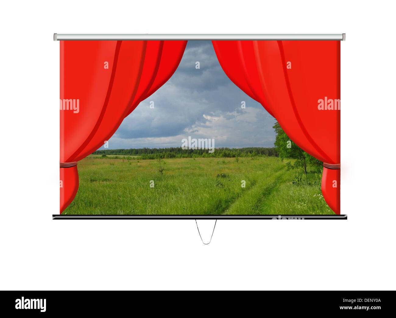beautiful white screen with red curtains and evening landscape Stock Photo
