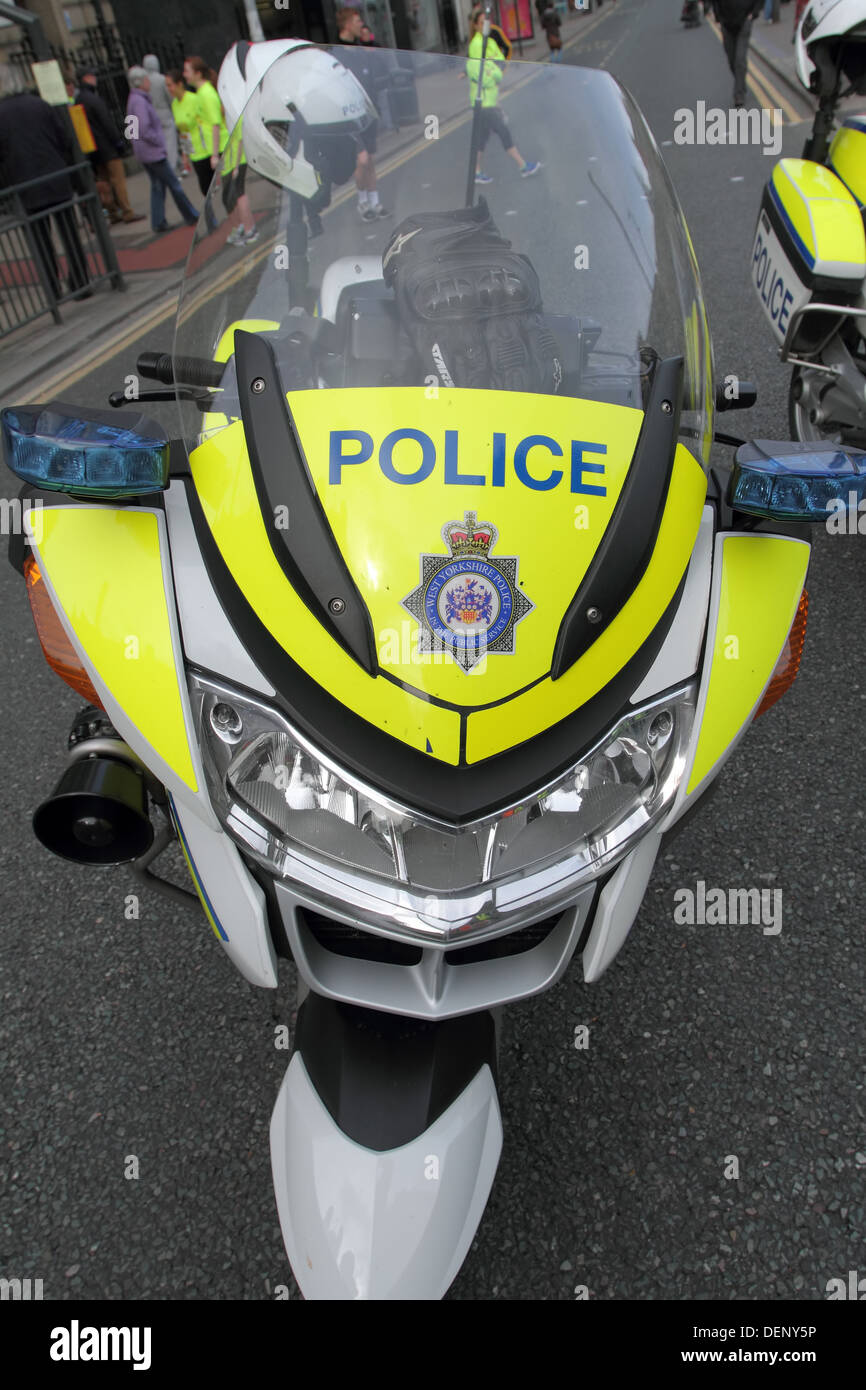 close up front view of a west Yorkshire police motorcycle Stock Photo