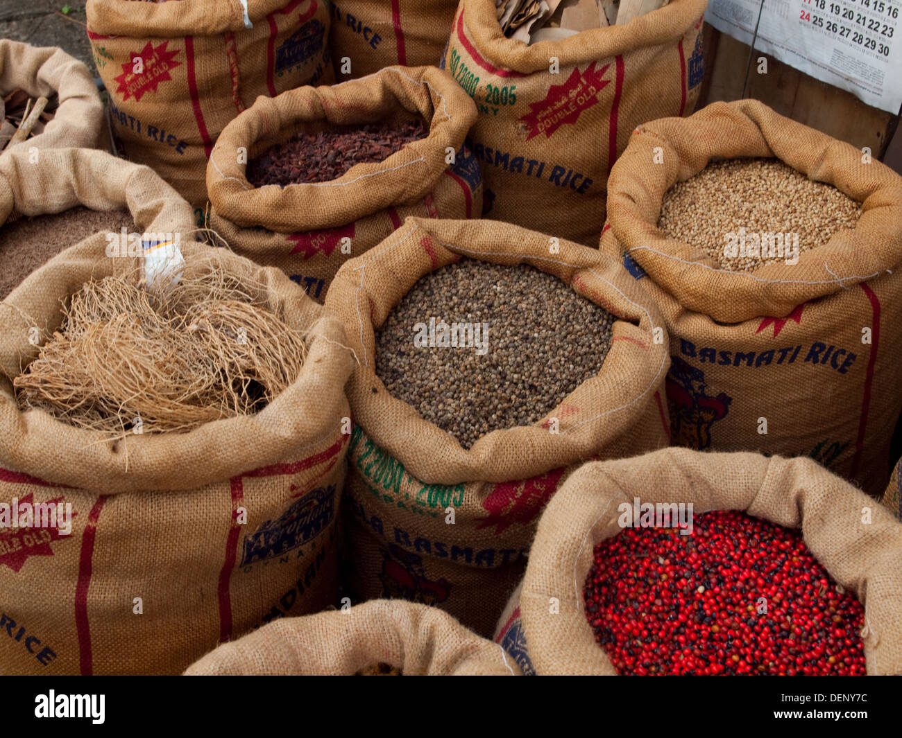Sacks of spices in Fort Cochin, Kerala India Stock Photo