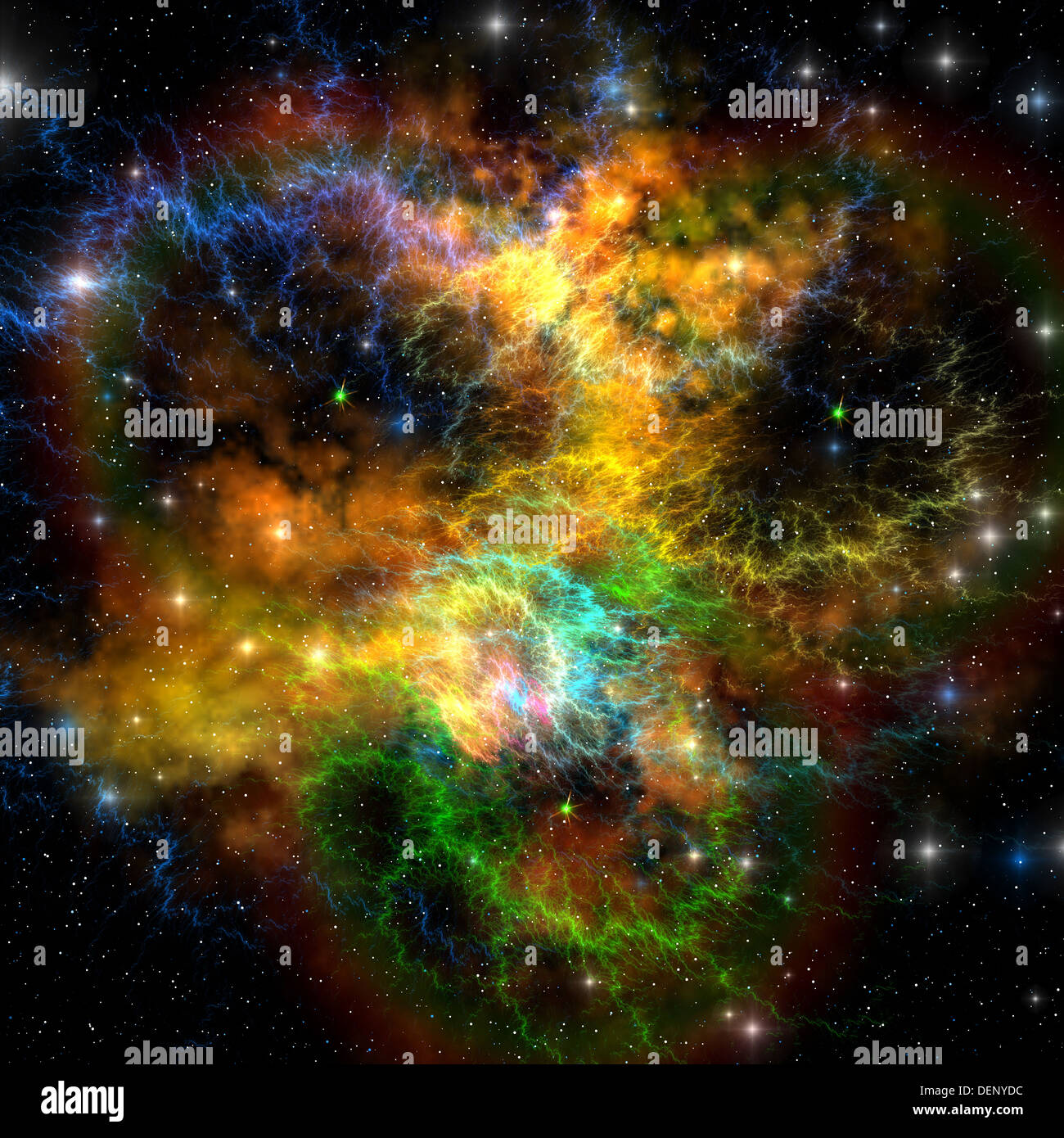 Multi-colored ribbons and gaseous clouds make up this nebula in the cosmos. Stock Photo