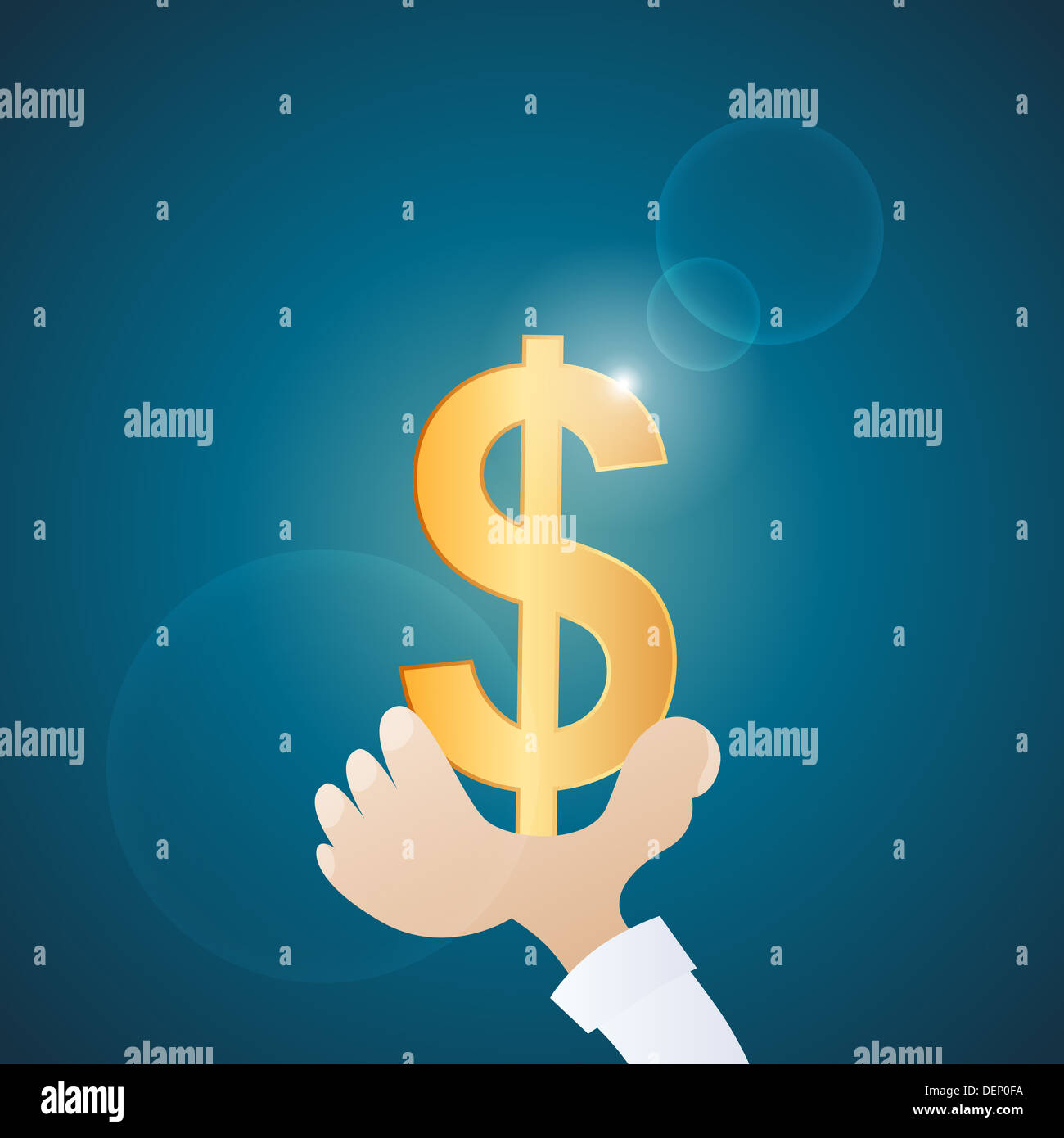 Vector cartoon illustration of hand holding golden dollar currency ...