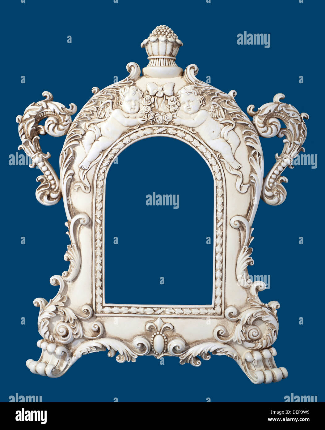 Frame - decorated frame with angels and children on the blue background Stock Photo