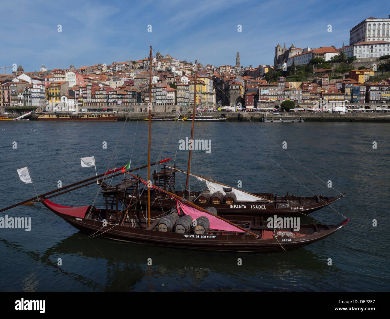 Rabelo boats traditionally used to transport Port wine on the river Douro, Porto, Portugal, Europe Stock Photo