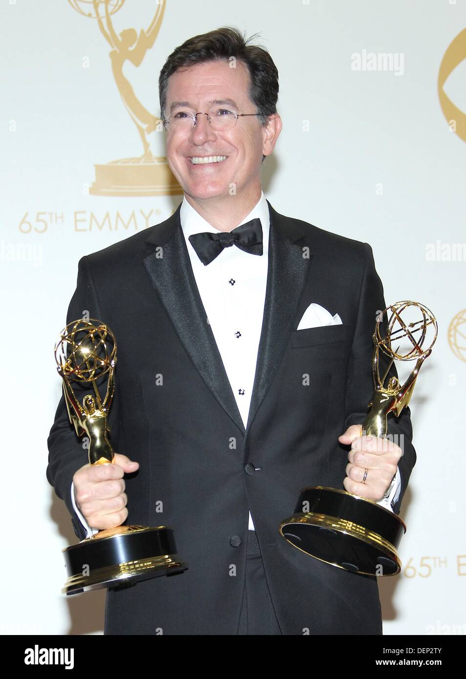 Los Angeles, CA. 22nd Sep, 2013. Stephen Colbert, Best Variety Series and WRITING on a Variety Series, THE COLBERT REPORT in the press room for The 65th Primetime Emmy Awards - PRESS ROOM, Nokia Theatre L.A. Live, Los Angeles, CA September 22, 2013. Credit:  James Atoa/Everett Collection/Alamy Live News Stock Photo
