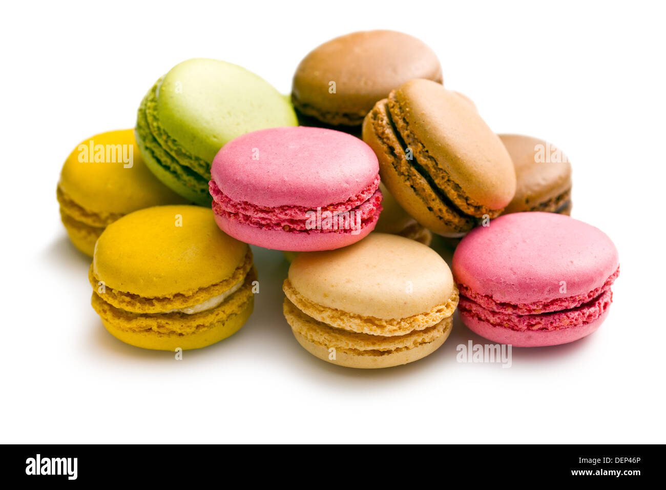 various types of macaroons on white background Stock Photo