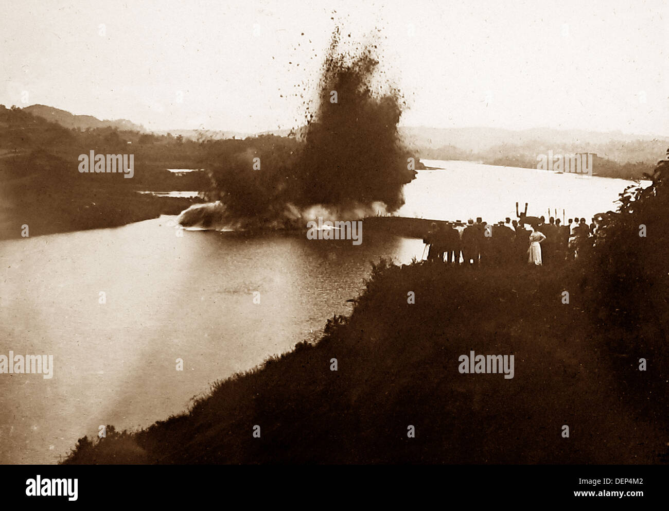 Construction of the Panama Canal final blast at Gamboa Dyke to