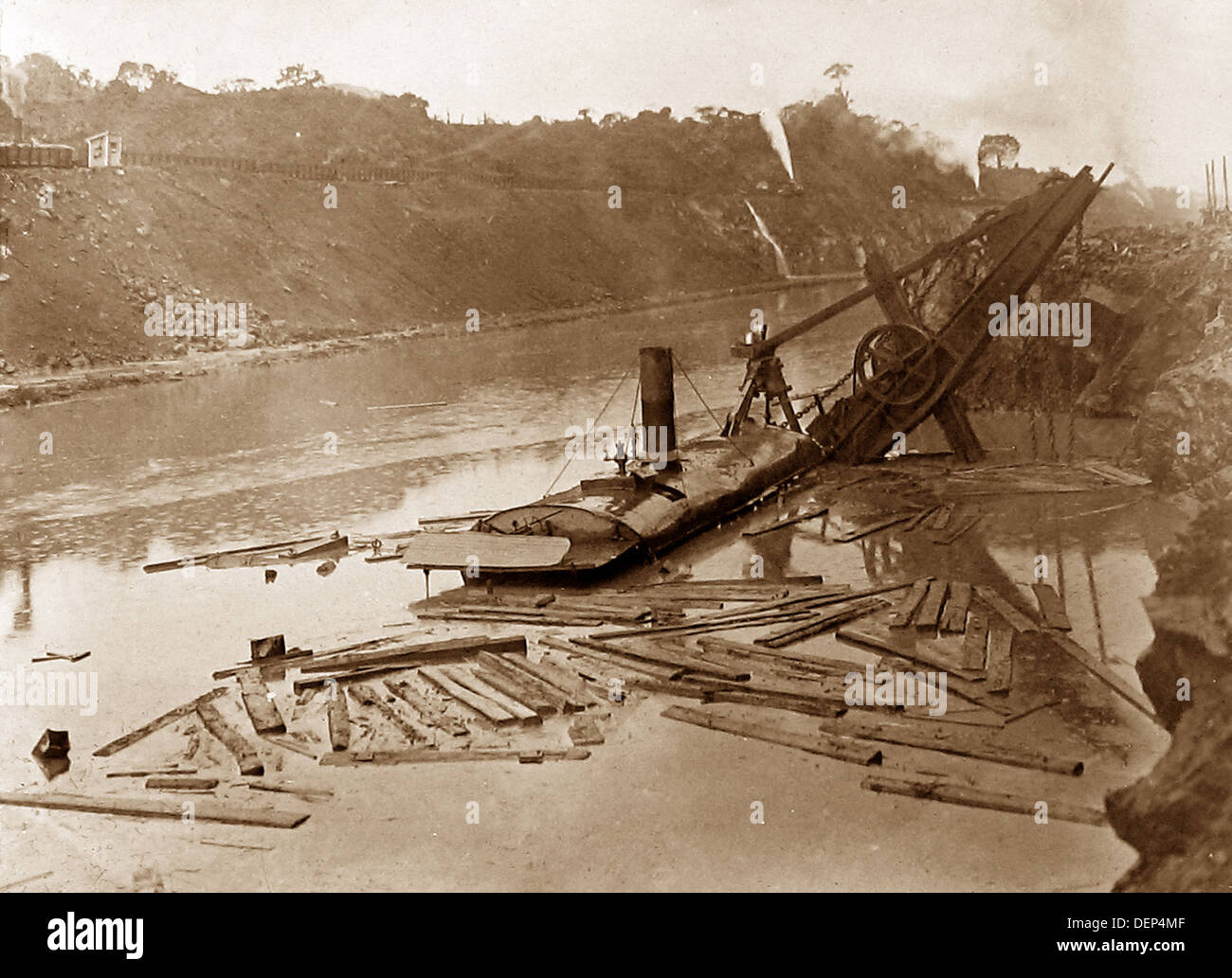 Construction of the Panama Canal - steam shovel in flooded area - early 1900s Stock Photo
