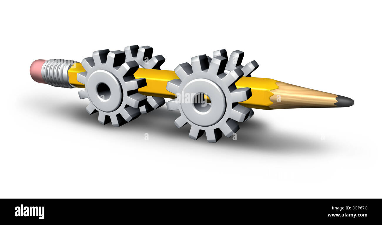 Industry innovation and strategic creativity concept with a three dimensional yellow pencil on four gear or cog wheels as a metaphor for business invention and development goung forward to success on a white background. Stock Photo
