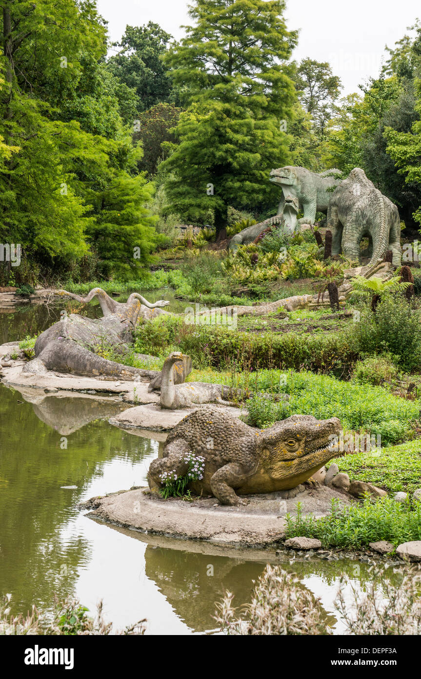 Dinosaur area (world's first sculptures of dinosaurs and extinct mammals), Crystal Palace park, London, England. Stock Photo