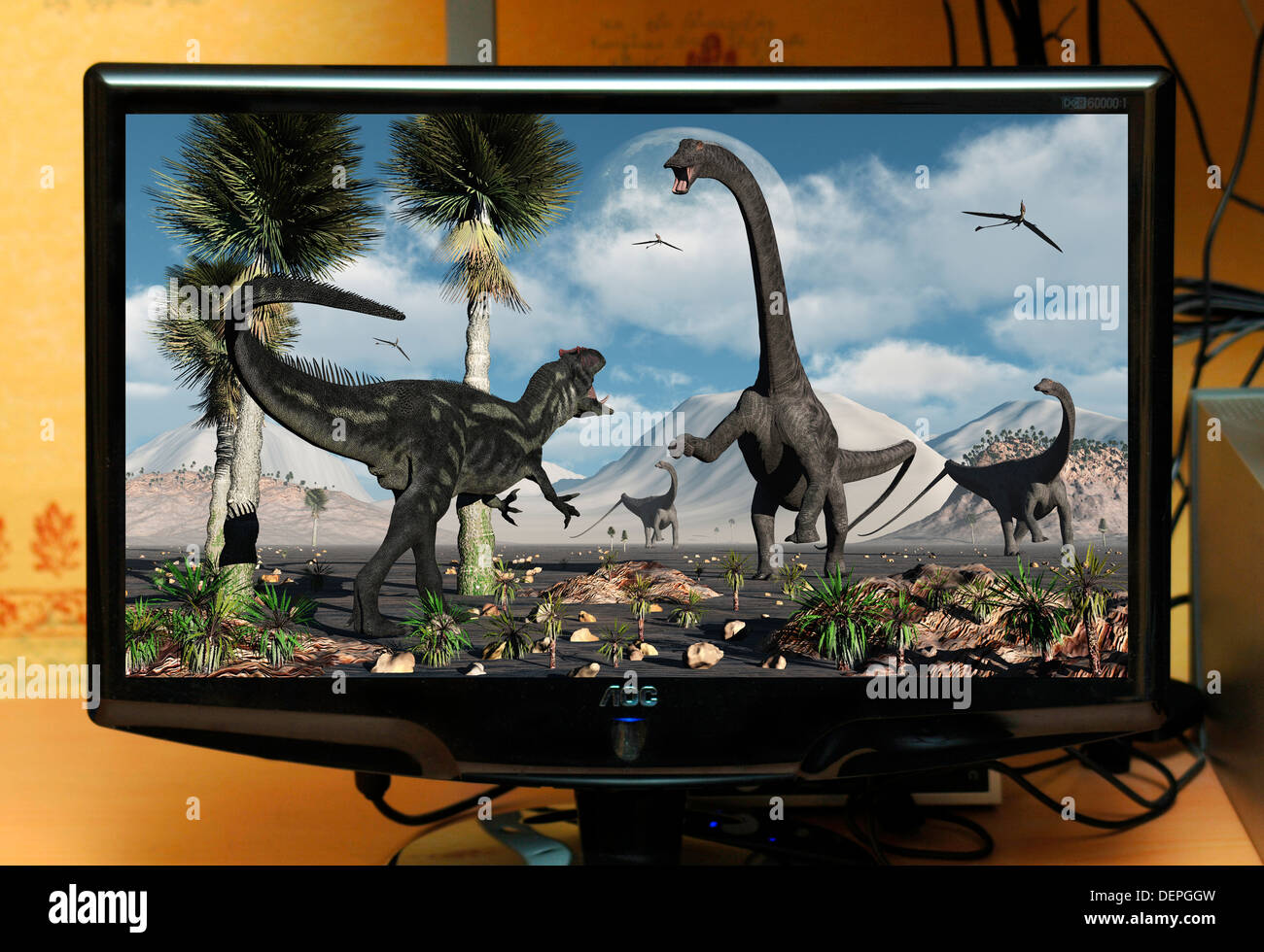 A Picture Of An Allosaurus Carnivorous Dinosaur Confronting Sauropod Herbivore Dinosaurs On A Computer Screen. Stock Photo