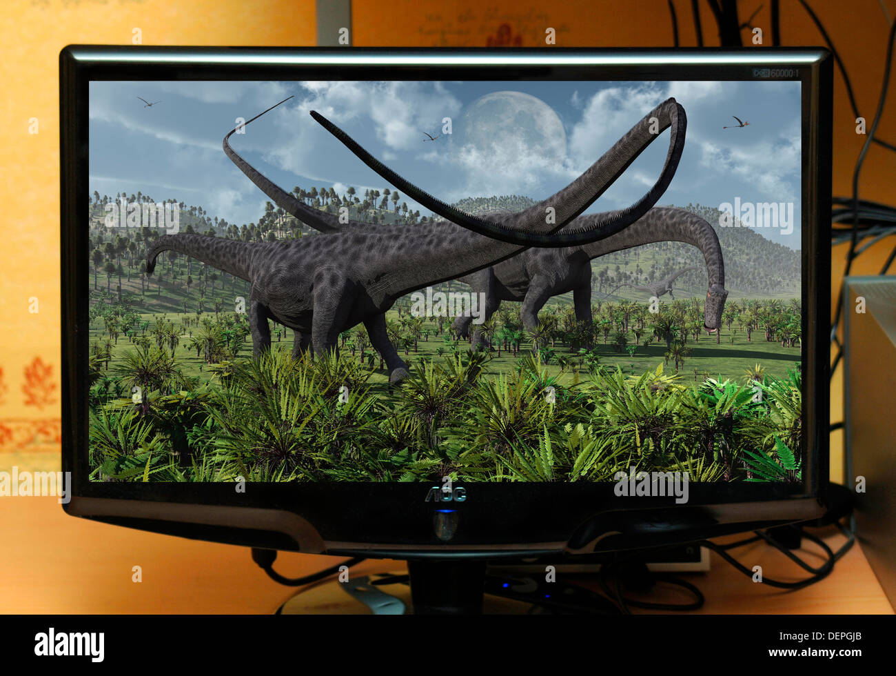 Diplodocus Dinosaurs 3D Graphic Image On A Computer Monitor Screen. Stock Photo