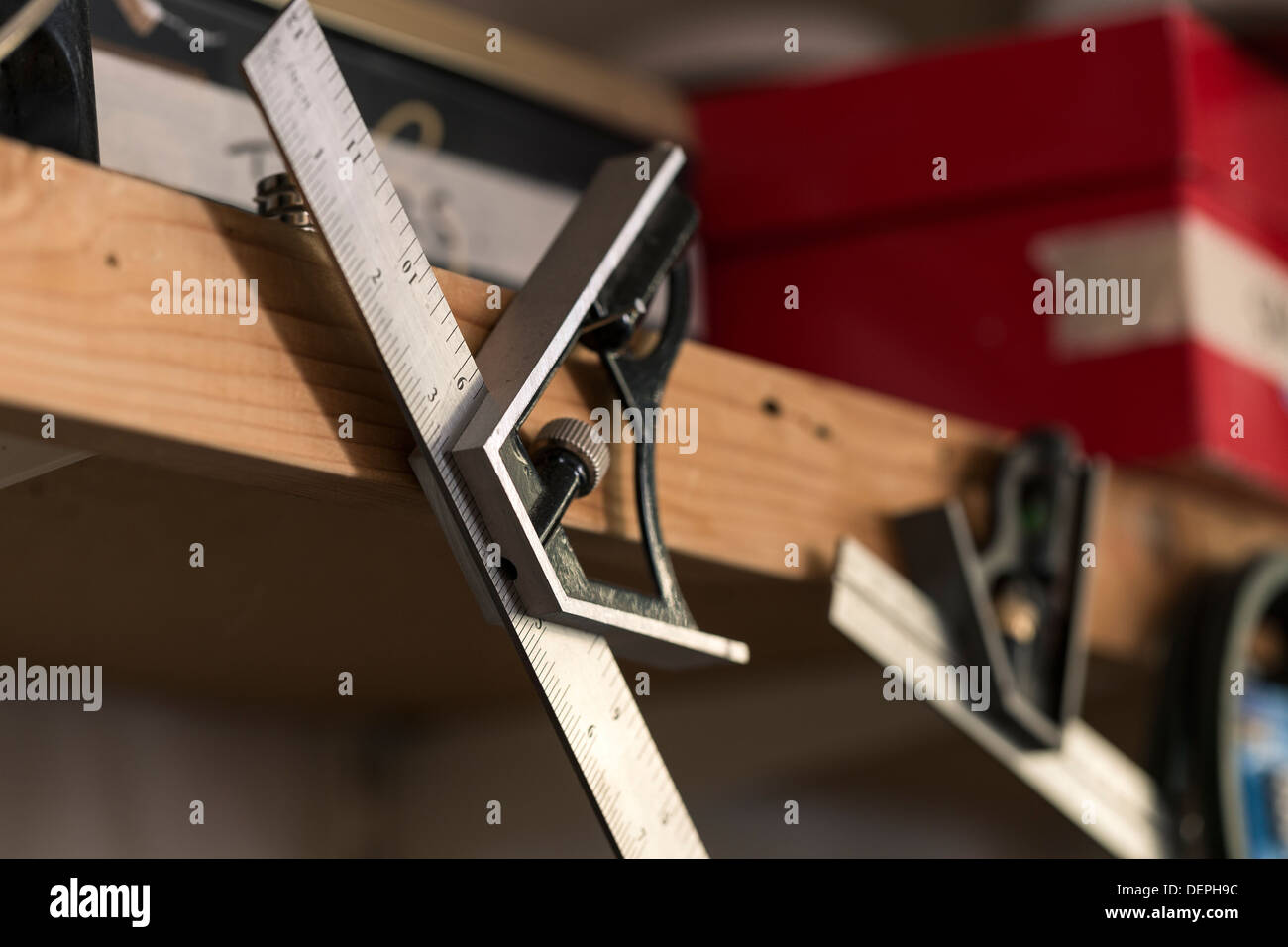 Close up of measuring tools in guitar workshop Stock Photo