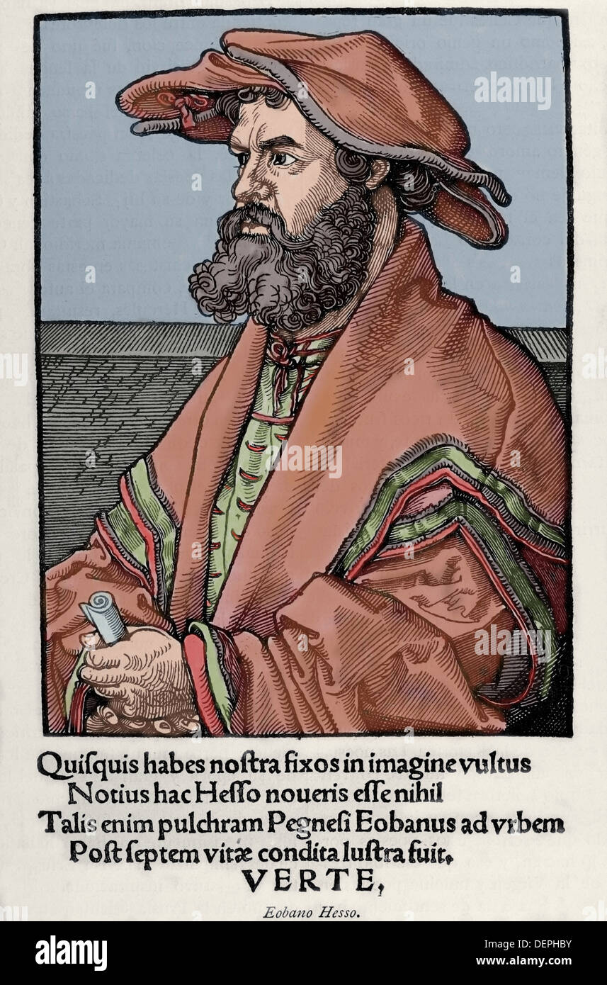 Helius Eobanus Hessus (1488-1540). German poet. Portrait. Colored engraving. Stock Photo