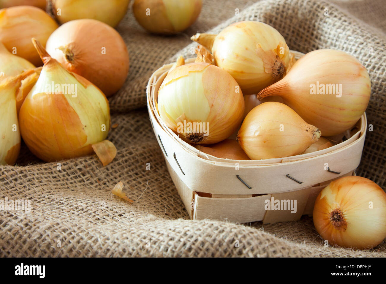 Onions in small basket. agriculture background Stock Photo