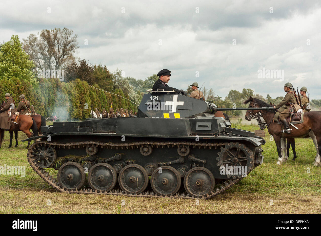 Lomianki, Poland. 22nd Sep, 2013. 22nd September, 2013. German tank (PzKpfw II, Panzer II) crew during Battle at Lomianki - historical reenactment, Poland Credit:  Travelfile/Alamy Live News Stock Photo