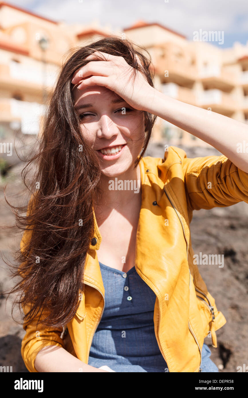 A young woman travels to the island of Fuerteventura Stock Photo