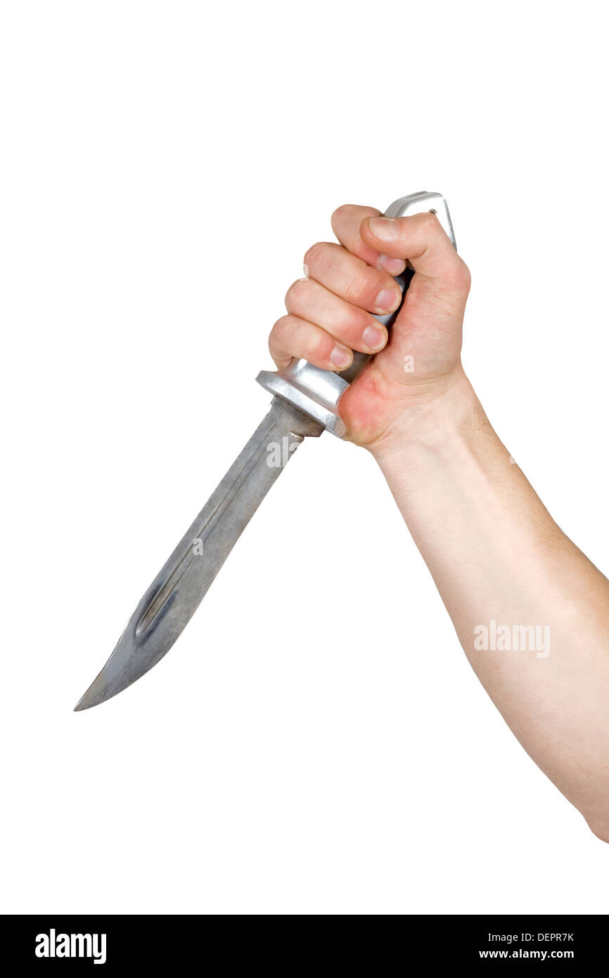 Knife in a man's fist. Isolated on white Stock Photo Alamy
