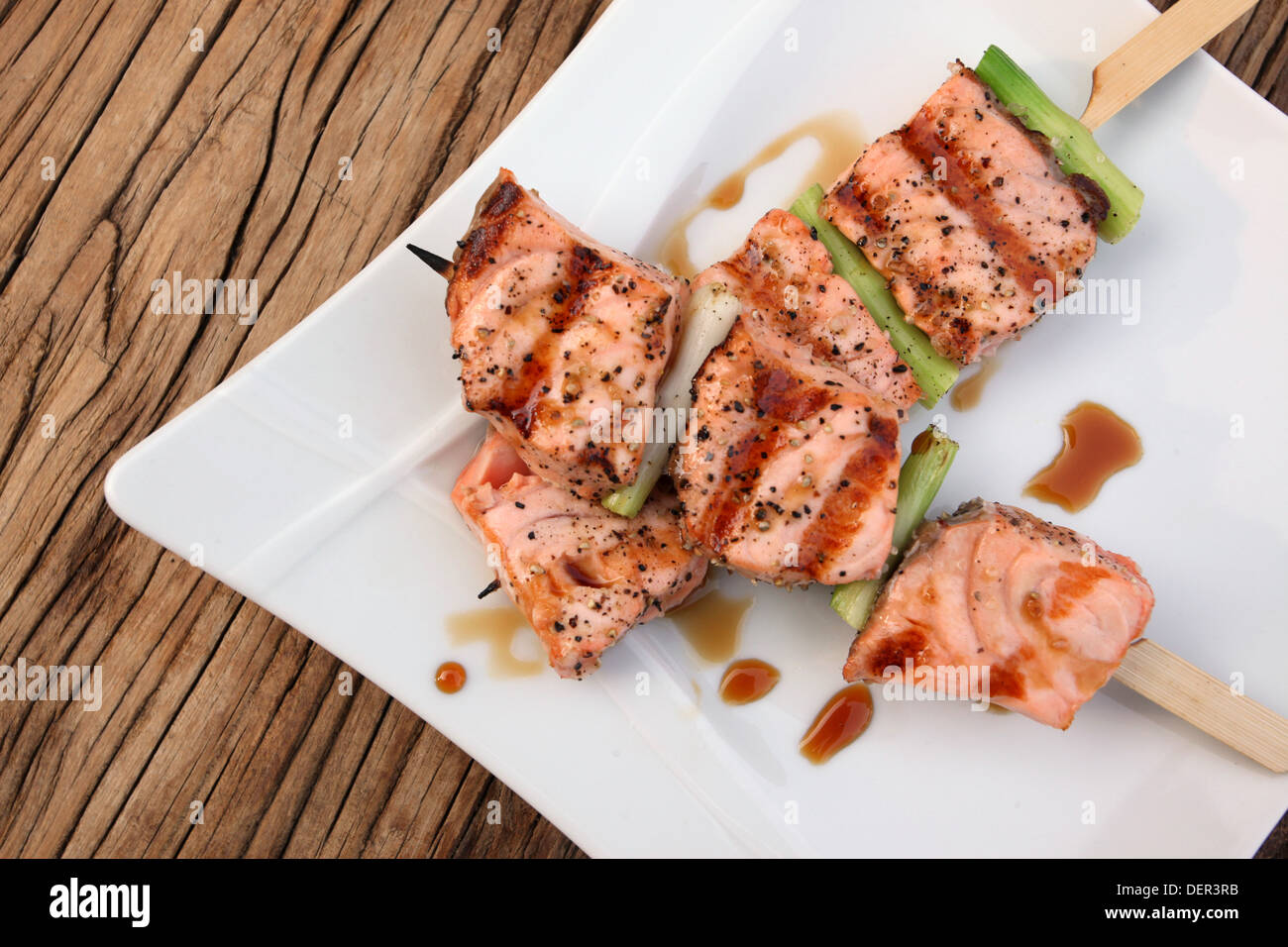 Salmon Teriyaki skewers Stock Photo Alamy