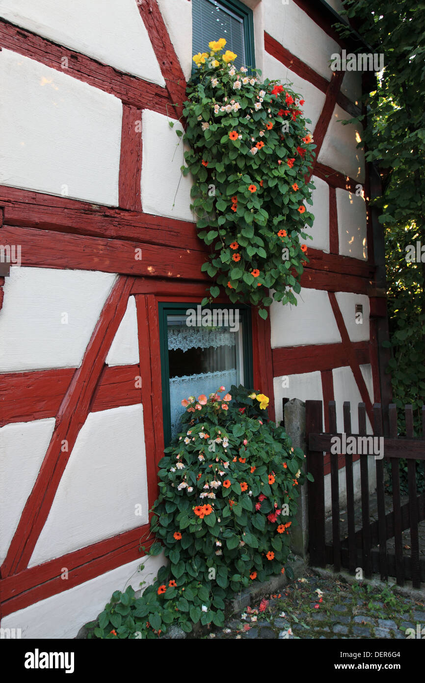 facade of half-timbered house at the city Hilpoltstein, Middle Franconia, Franconia, Bavaria, Germany. Photo by Willy Matheisl Stock Photo