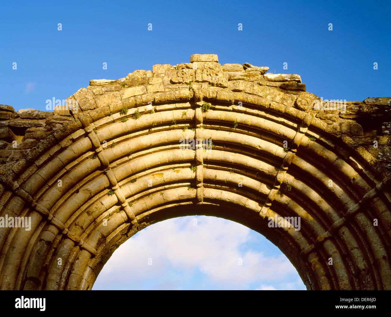 Strata Florida, Ceredigion: detail of exterior face of the magnificent W doorway arch of the C13th Cistercian abbey church in late-afternoon sunshine. Stock Photo