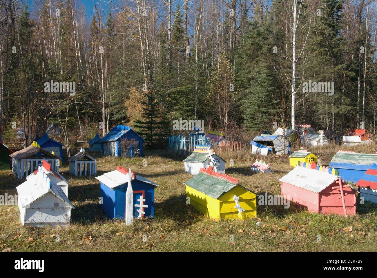 Athabaskan spirit houses in cemetery, Eklutna Historical Park, Eklutna