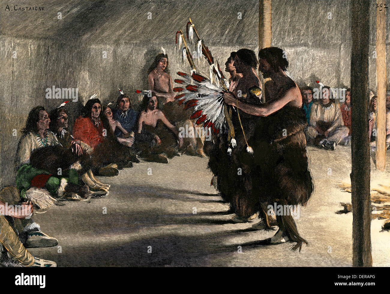 Ceremonial dancers circling the lodge of a Plains tribal gathering. Hand-colored woodcut Stock Photo