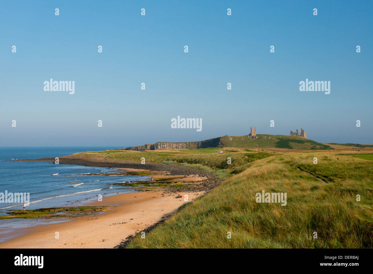 The ruins of Dunstaborough Castle and grass covered sand dunes near Embleton, Northumberland, UK Stock Photo