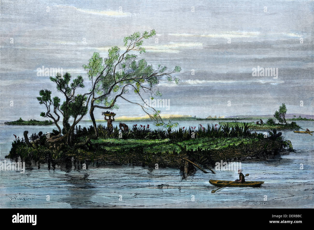 Floating Gardens Of Aztec Mexico Hand Colored Woodcut Stock Photo