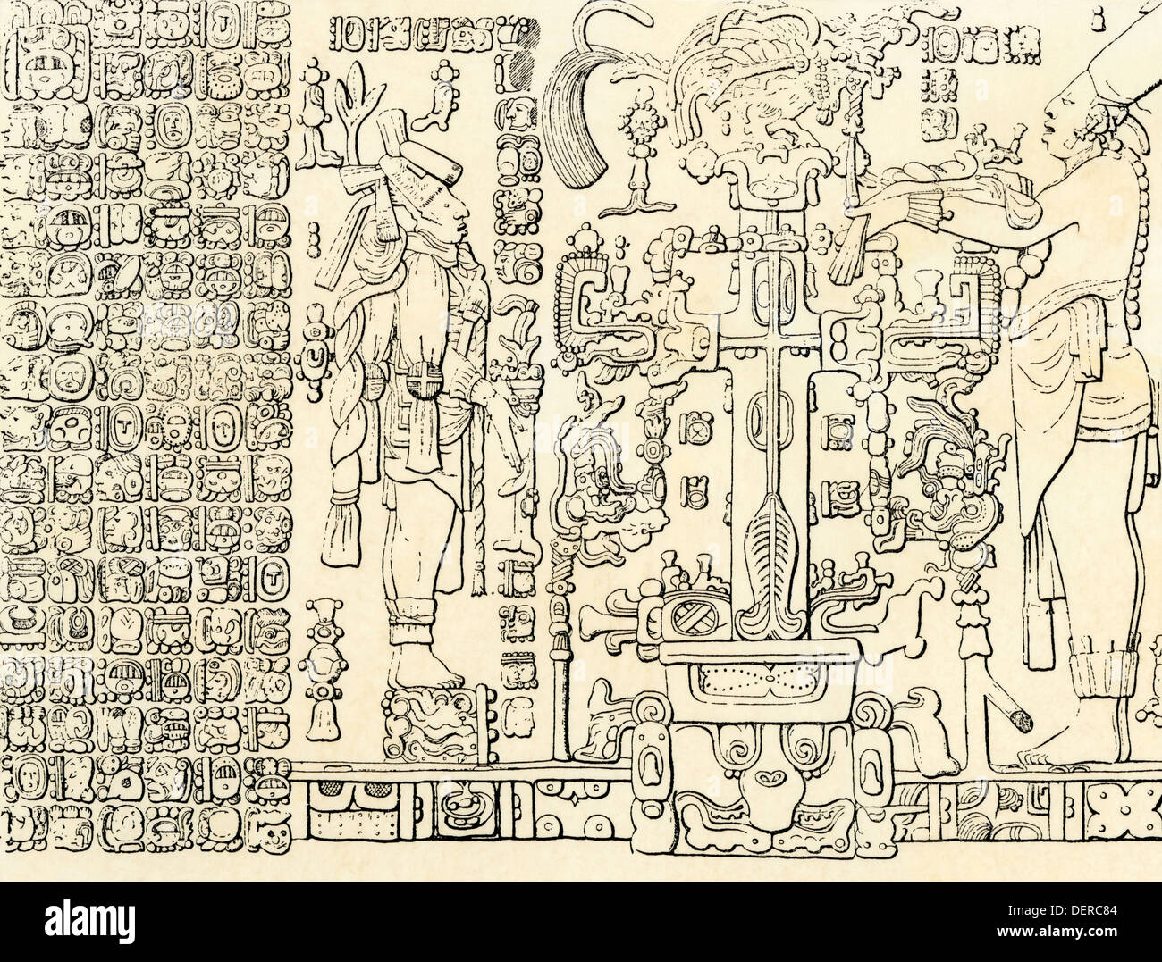 Mayan tablet behind the altar in the temple at Palenque. Hand-colored woodcut Stock Photo
