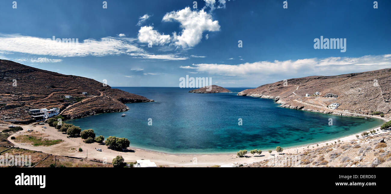Kythnos island, Cyclades Greece- Apokrousi / Apokrisi Beach - panoramic view Stock Photo