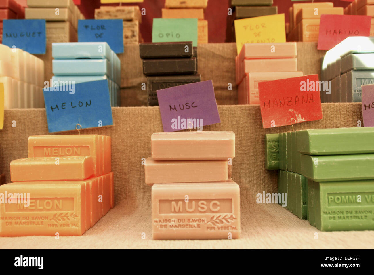 Marseille soap bars at fair. Caldes de Montbui, Barcelona province,  Catalonia, Spain Stock Photo - Alamy