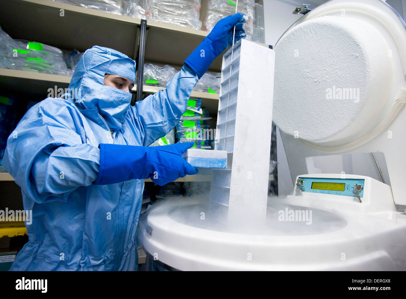 Cryonics cryopreservation of samples in nitrogen biopharmaceutical lab development and production of innovative drugs using Stock Photo