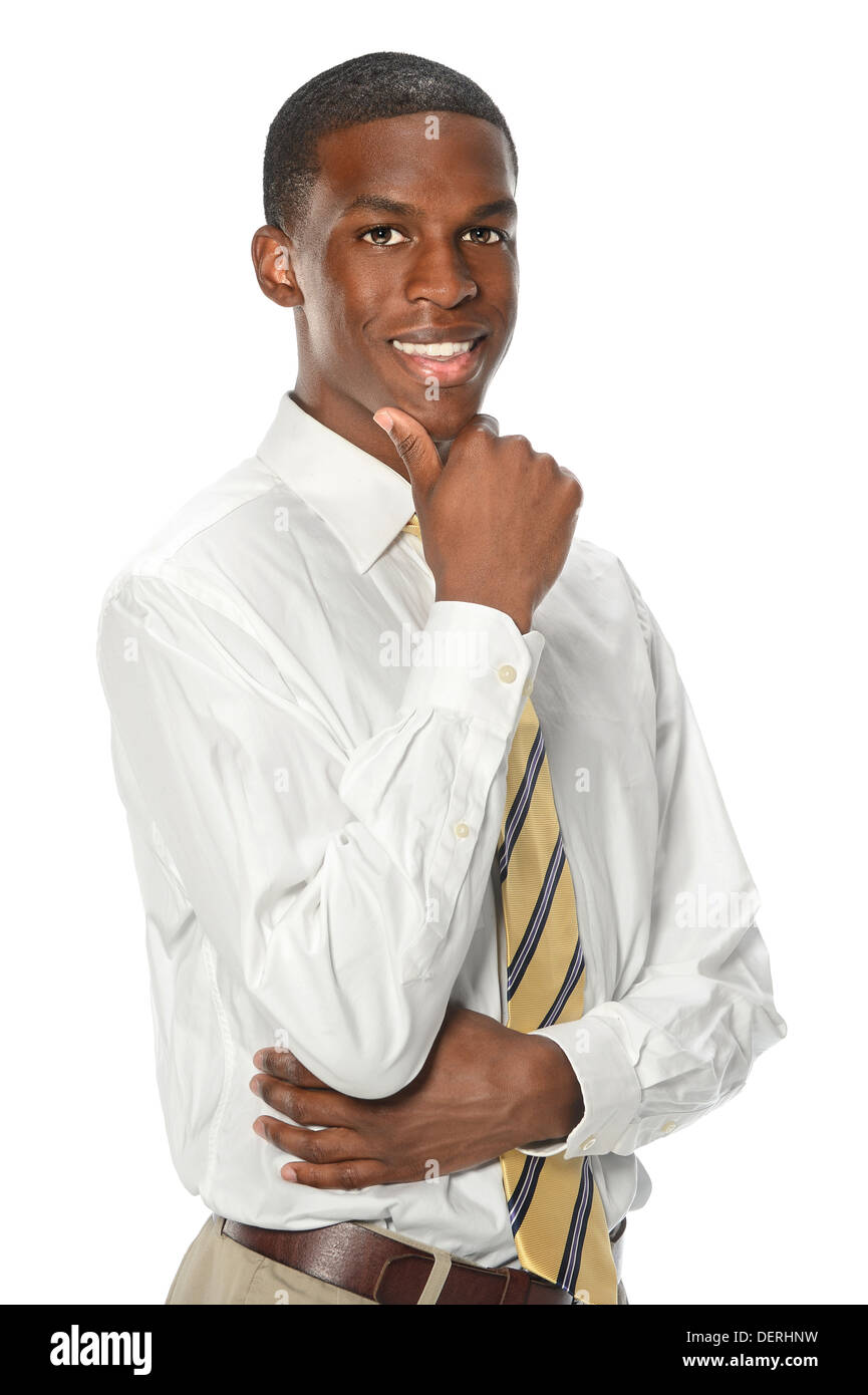 Portrait of young African American businessman isolated over white ...